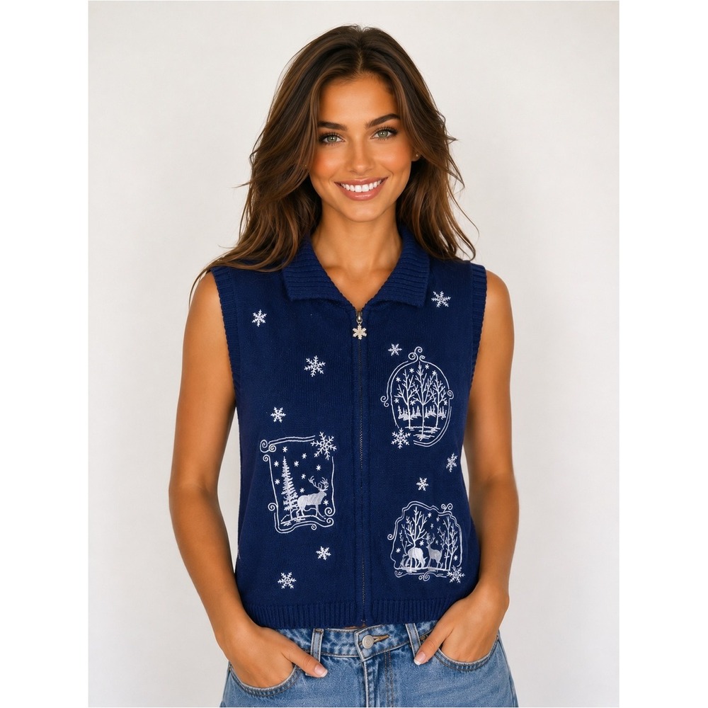 Southern Lady Snowflake Sweater Vest Christmas Navy Blue Embroidered Parisian M